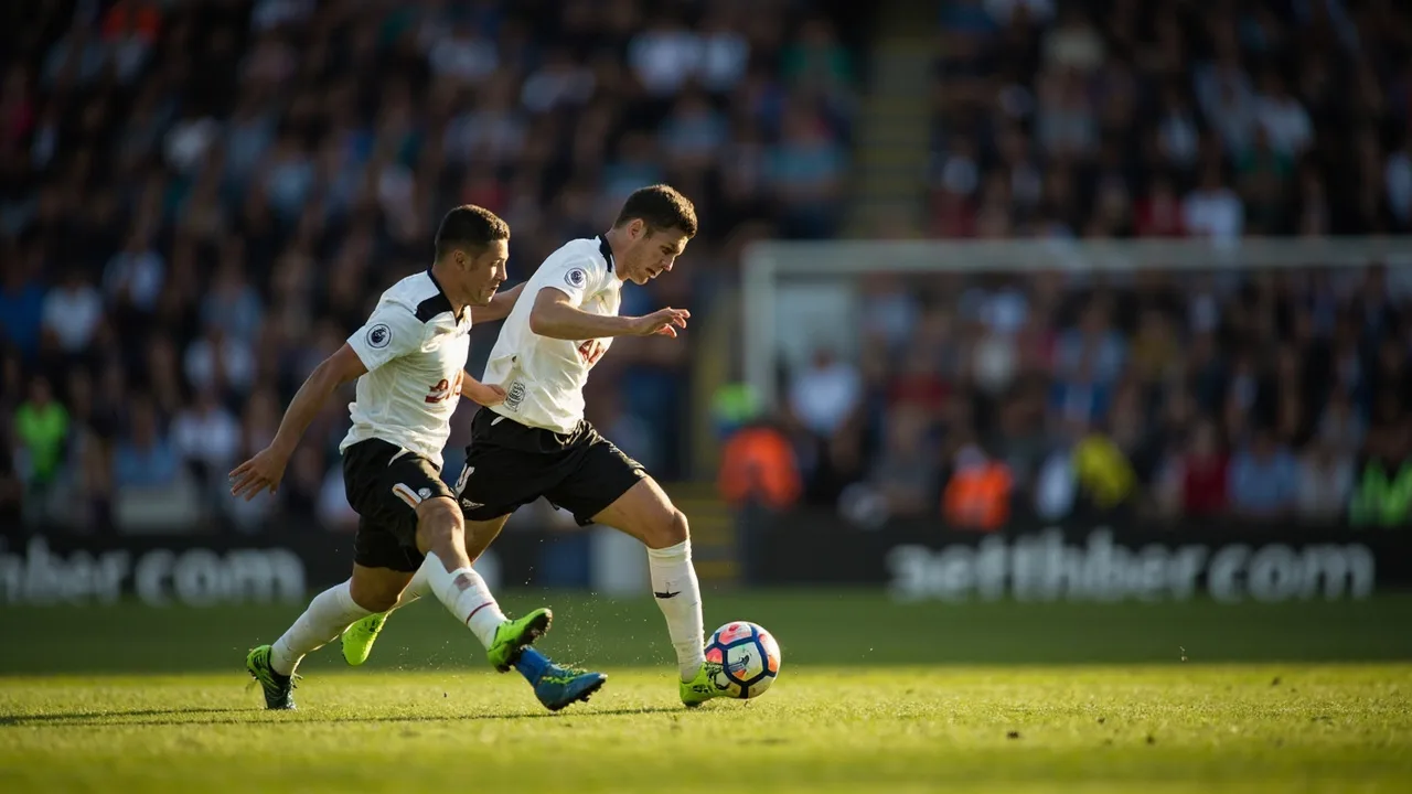 Two midfielders in white shirts converging on a loose ball during a Premier League match in autumn daylight