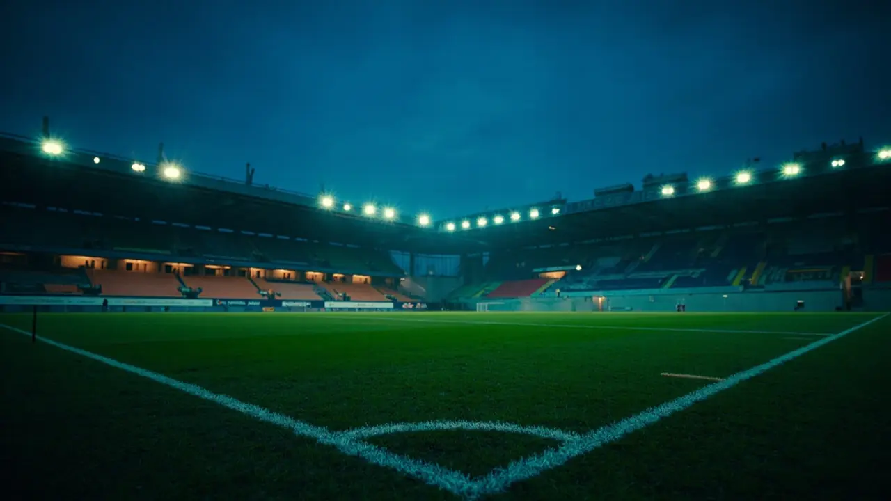 Floodlit football pitch at dusk seen from the touchline