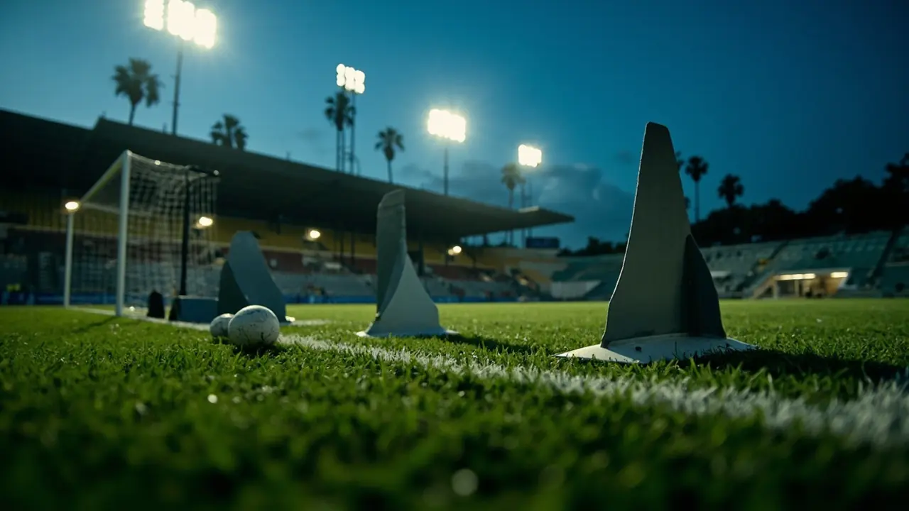 Grey training markers and two footballs on a floodlit pitch at dusk beside an empty goal, with palm trees rising behind the stand