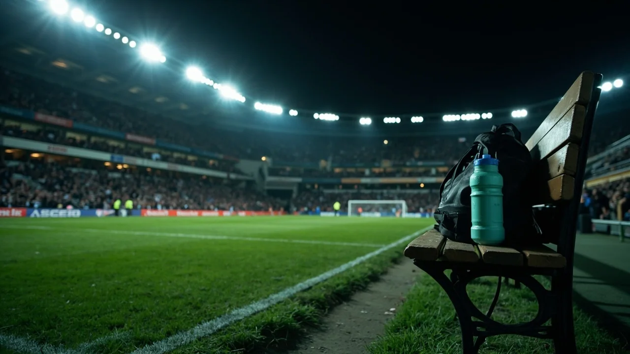 A football substitutes' bench on a touchline with five players standing to enter the pitch under floodlights, kit bags and water bottles on the slats.