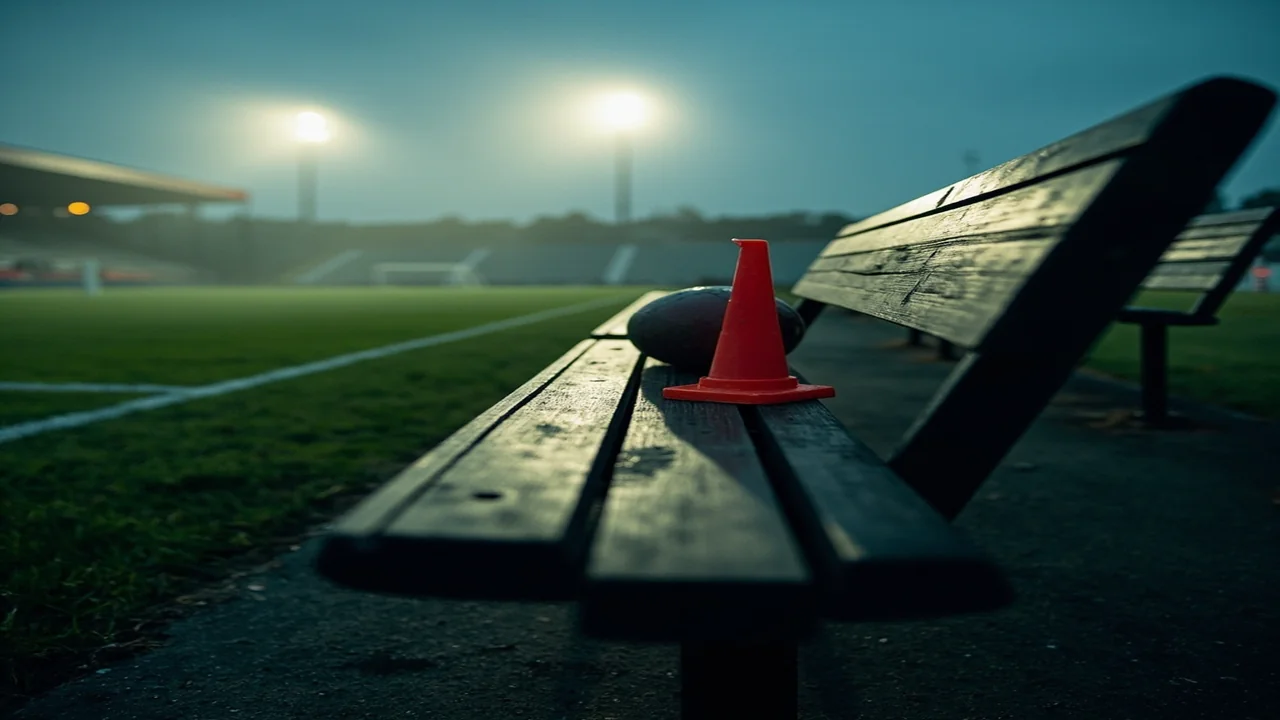 An empty wooden touchline bench at a football stadium at dusk, with a red training cone and a single football resting on the slats.