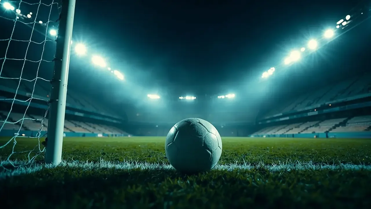 A white football on the damp six-yard line of an empty floodlit stadium at night, seen from beside the goalpost and net