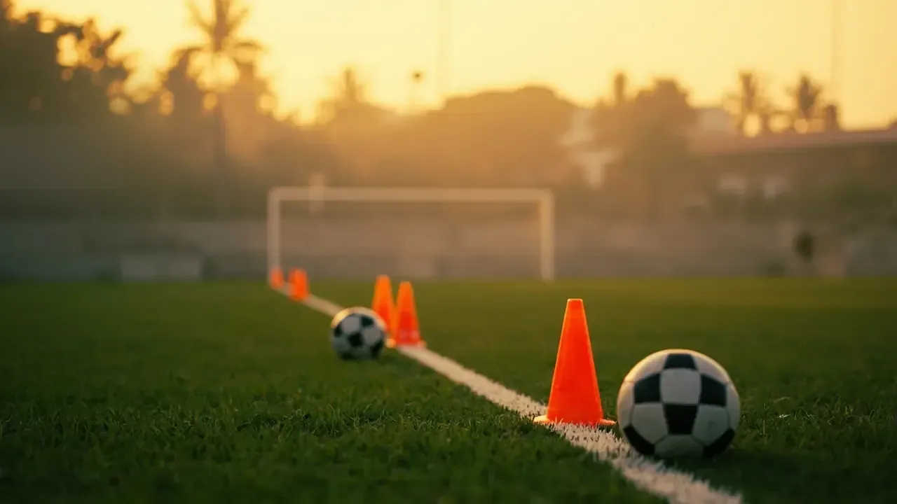 Orange training cones and footballs along a white line on a training pitch at sunset, with a goal in soft focus behind