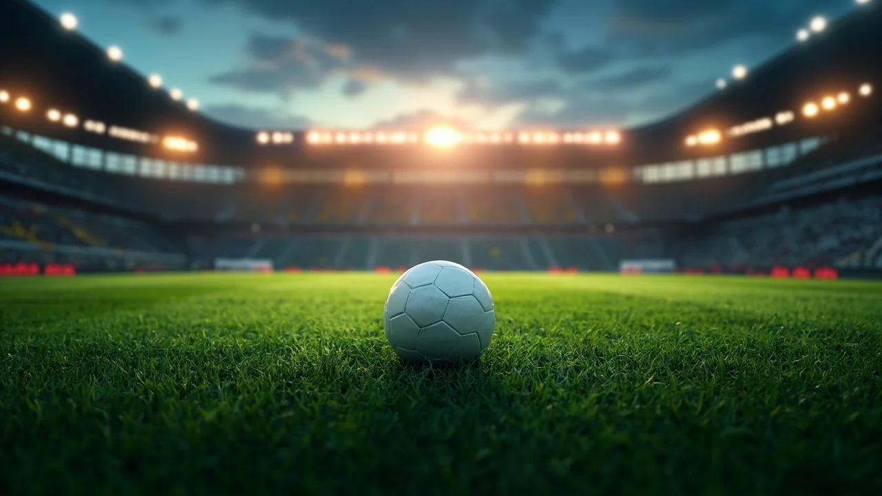 An empty Kolkata football pitch at dusk, with the VYBK stands lit in the distance and a single white training ball resting on the centre spot.