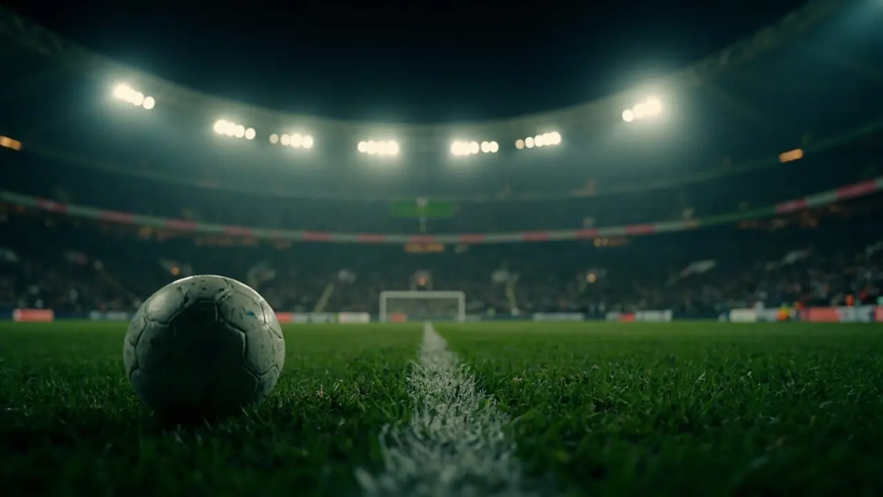 A football resting on the grass beside a white pitch line in a floodlit stadium at night, with an empty goal in soft focus in the distance