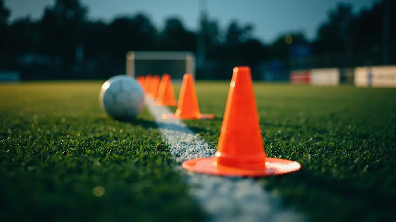 A row of orange training cones along a white pitch line at dusk, with a football beside them and an empty goal blurred in the background