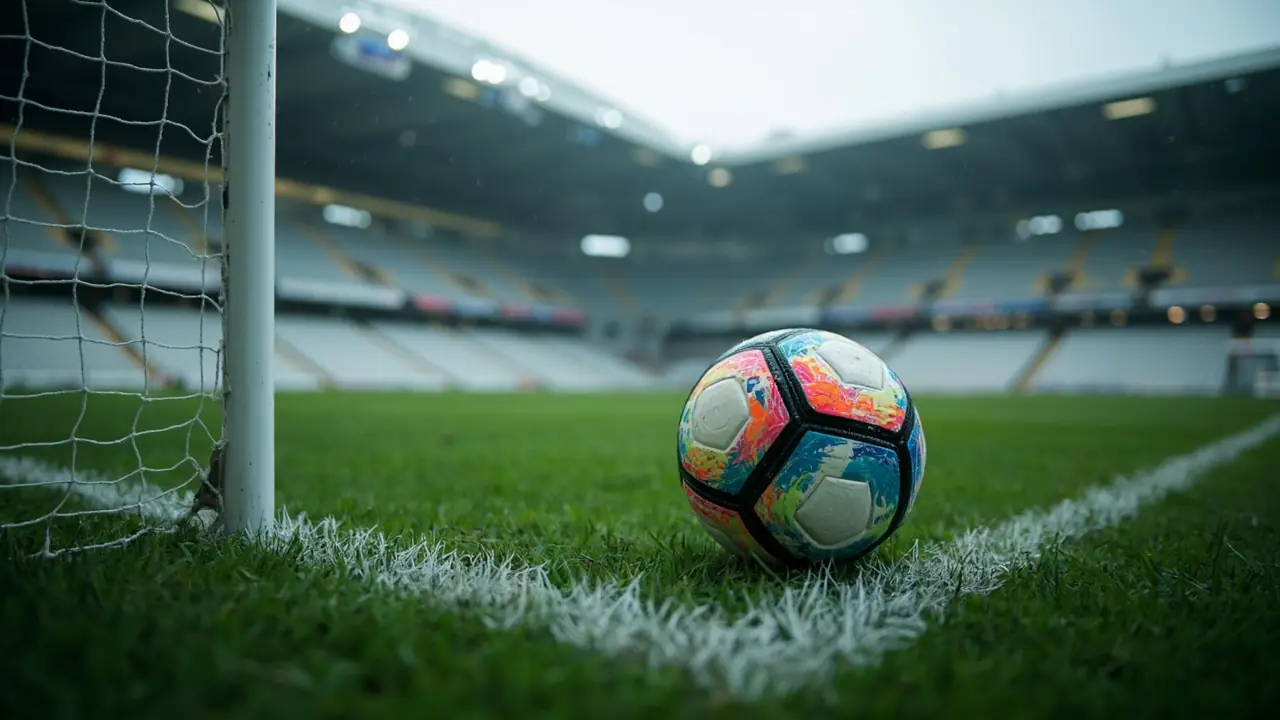 A football on the goal line beside the post in an empty stadium on a grey, drizzly afternoon