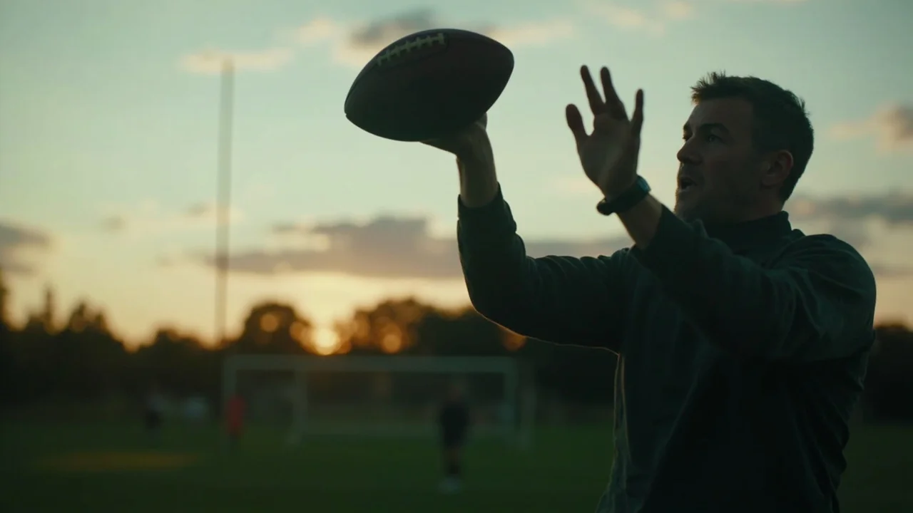 A football held in two hands above and behind the head, ready for a long throw, with a coach's silhouette visible against the touchline at dusk
