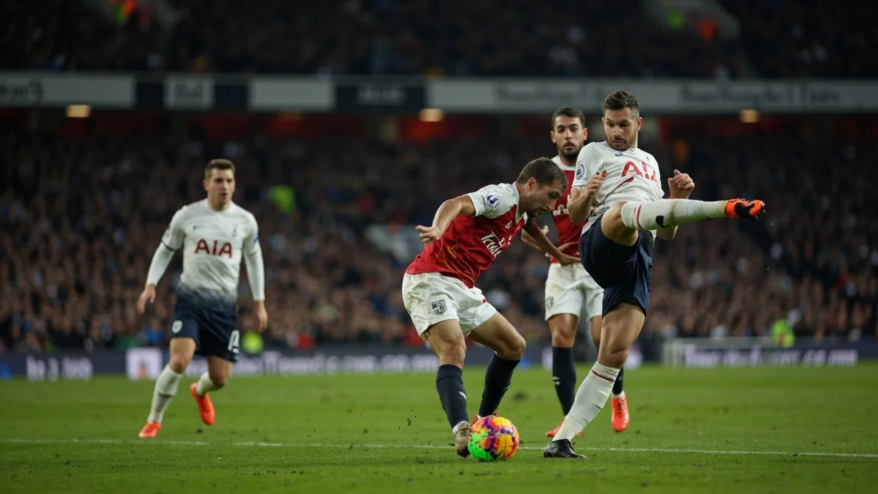 Players converging on a loose ball during a Premier League match under floodlights at the Tottenham Hotspur Stadium