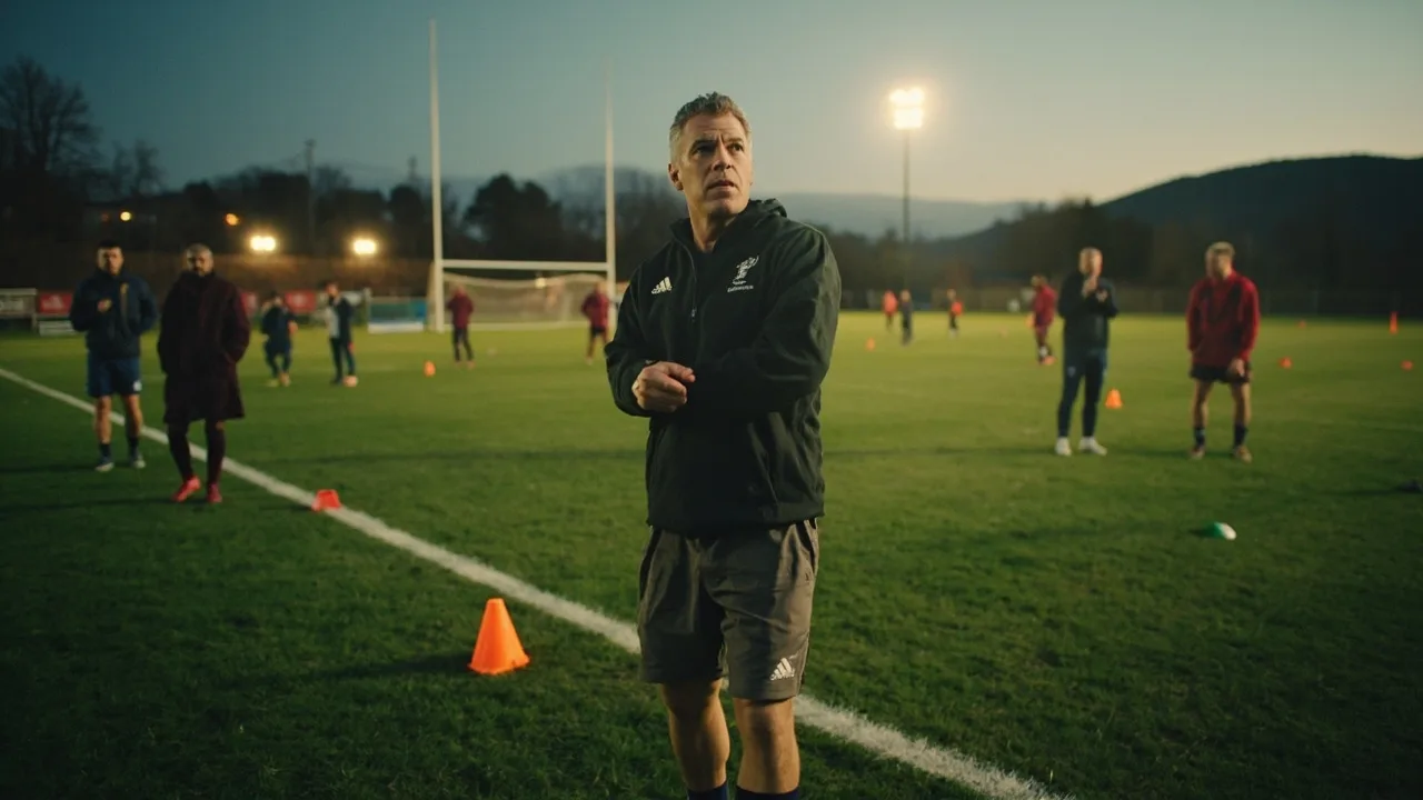 Coaches running a second phase set piece drill on a floodlit training pitch in evening light