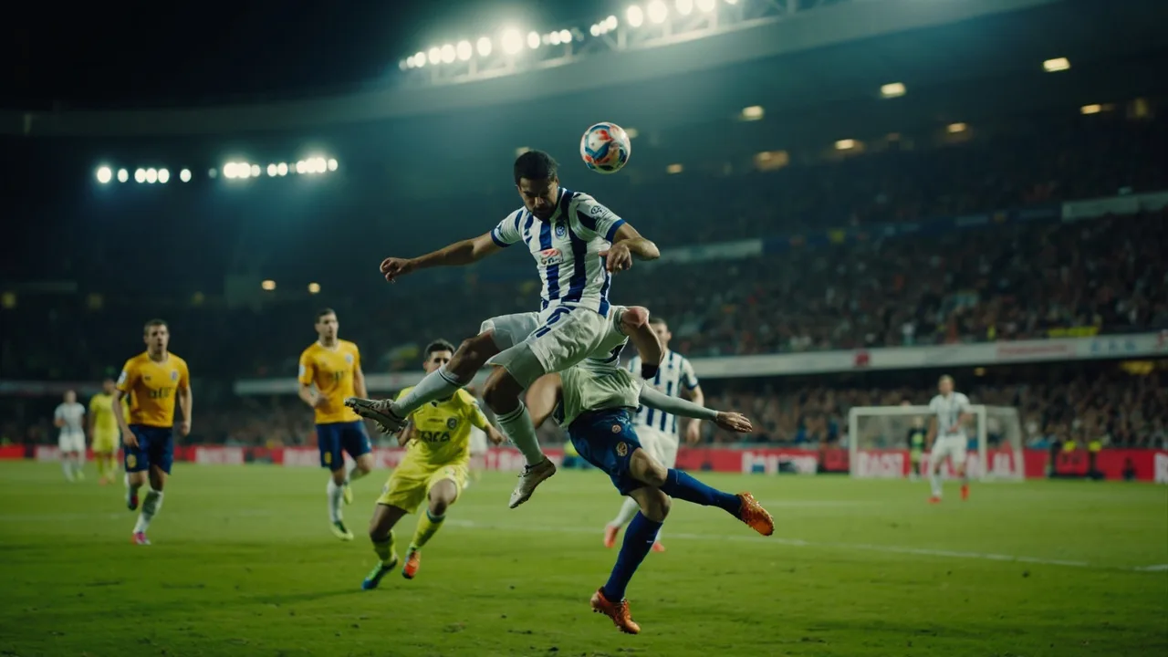 Footballer rising above defenders to attack a knockdown during a corner kick in floodlit stadium daylight