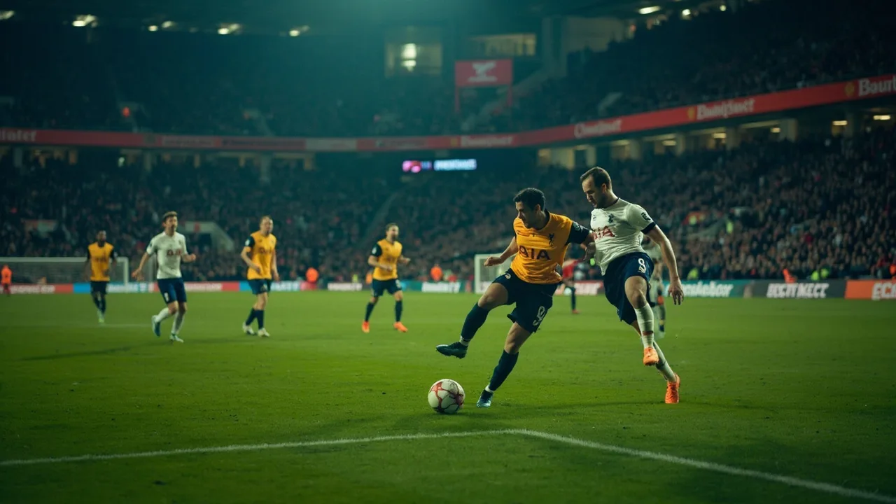 Tottenham players in a rehearsed short corner routine at the edge of the Anfield penalty area under floodlights