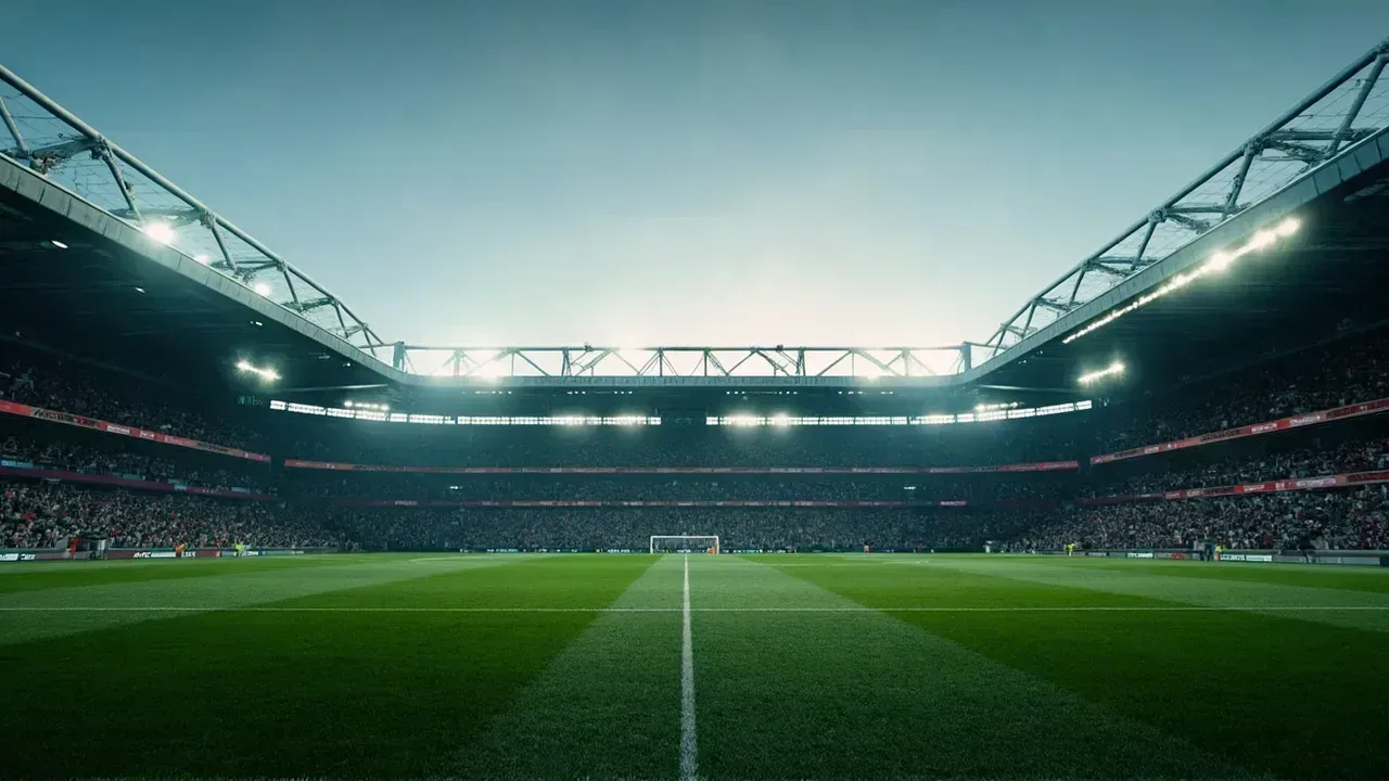 A wide shot of the Tottenham Hotspur Stadium under floodlights on a clear autumn evening, the pitch freshly cut and the stands empty before kick off in north London