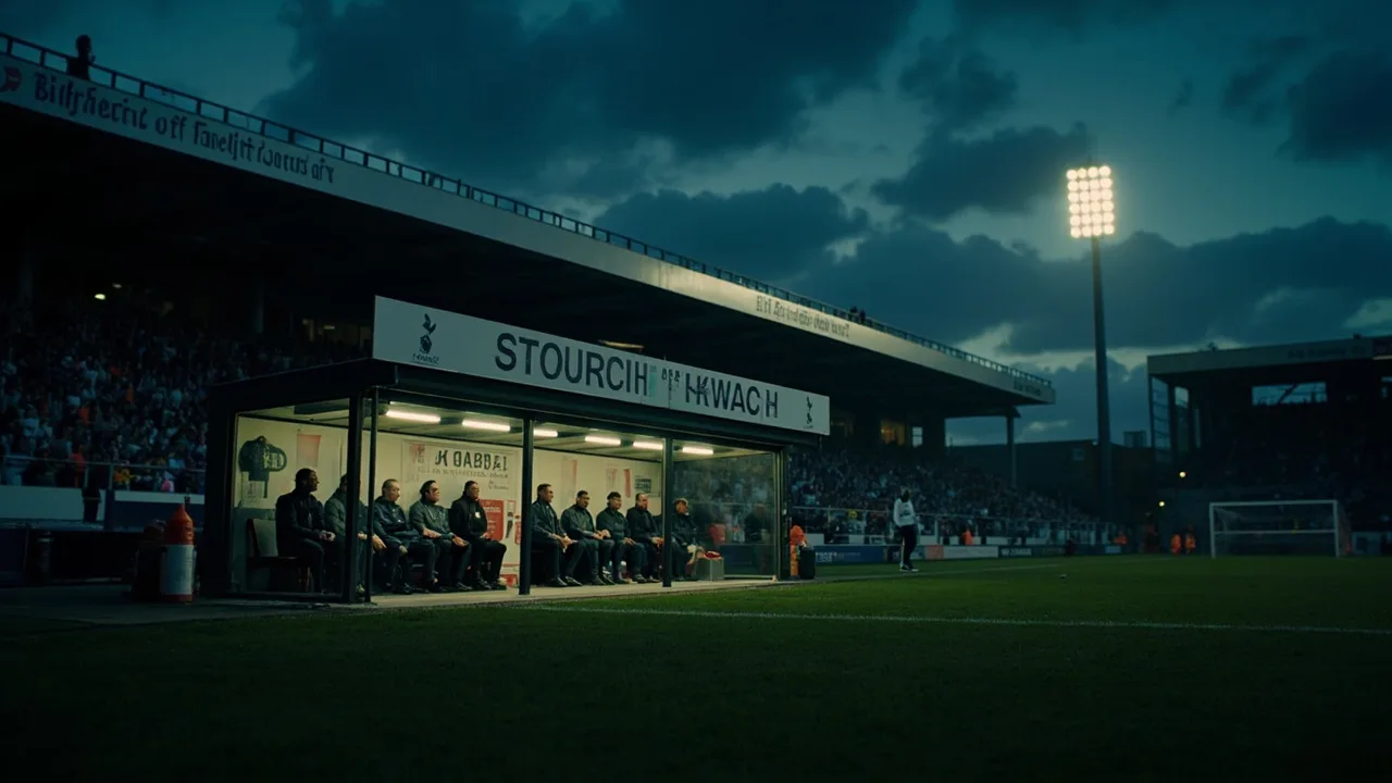 A wide shot of the Tottenham dugout at dusk, the coaching staff seated and the floodlights on, the pitch in front of them bright and empty before kickoff