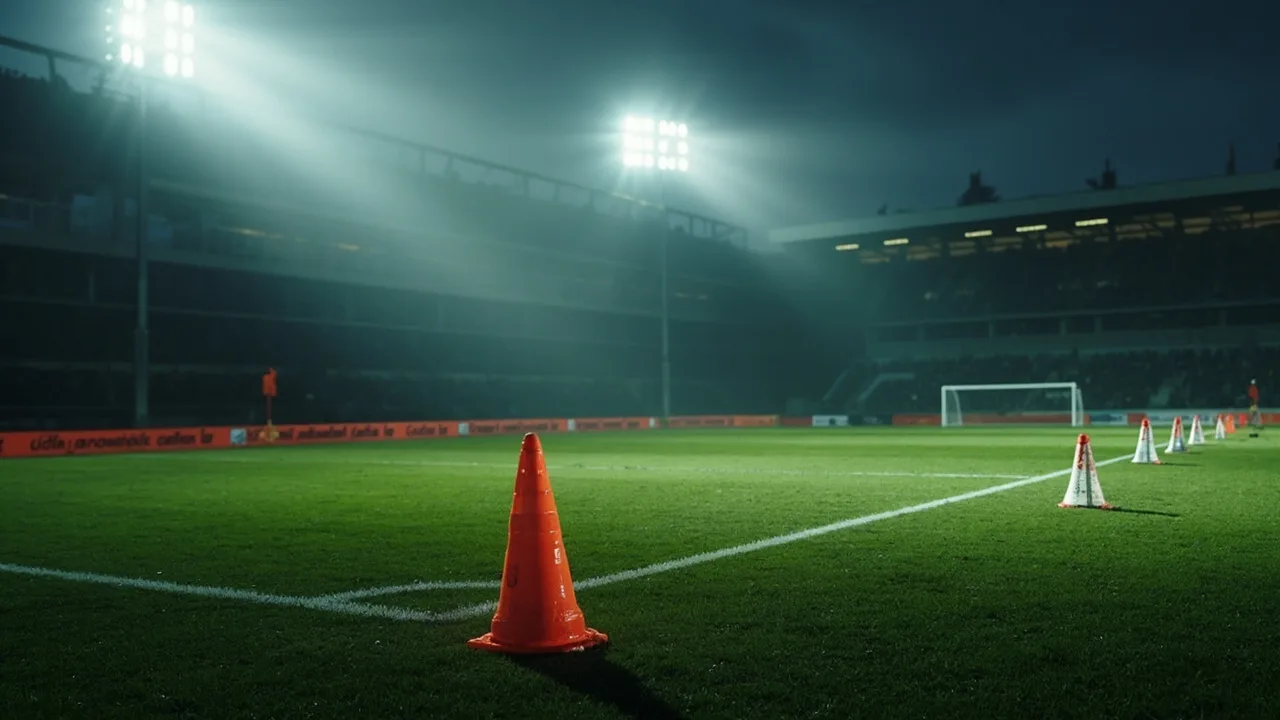 Empty football pitch under floodlights in cold evening daylight, training cones lined near the touchline.