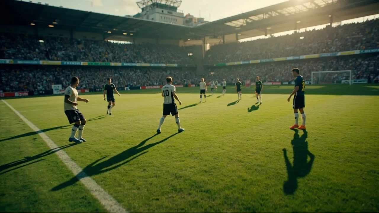 Wide angle of Tottenham players in a curved pressing shape at a Premier League ground in daylight
