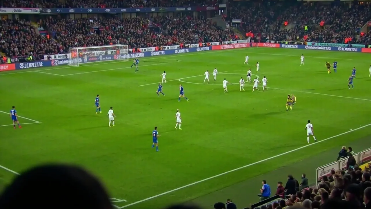 A wide tactical view of a Premier League match from the upper tier, players in white shirts pressing a back four in blue kits during daylight