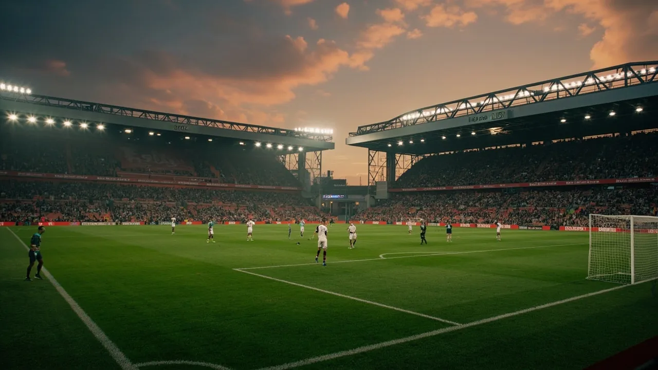 A wide view of the Anfield pitch at dusk with the Kop in the background, Spurs players in a low block in their own half, and a Liverpool forward in possession on the far touchline under floodlight.
