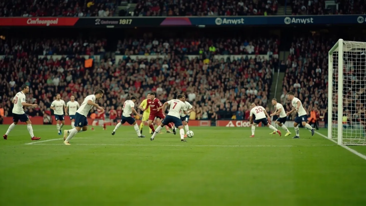 Wide view of a football pitch during a Premier League match, players in white shirts forming a defensive line near the centre circle under floodlights at Anfield
