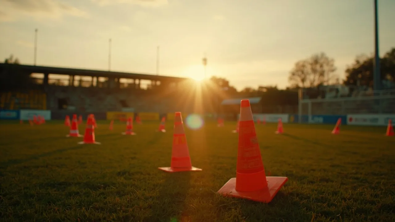 Orange training cones arranged on an empty football pitch at dawn.