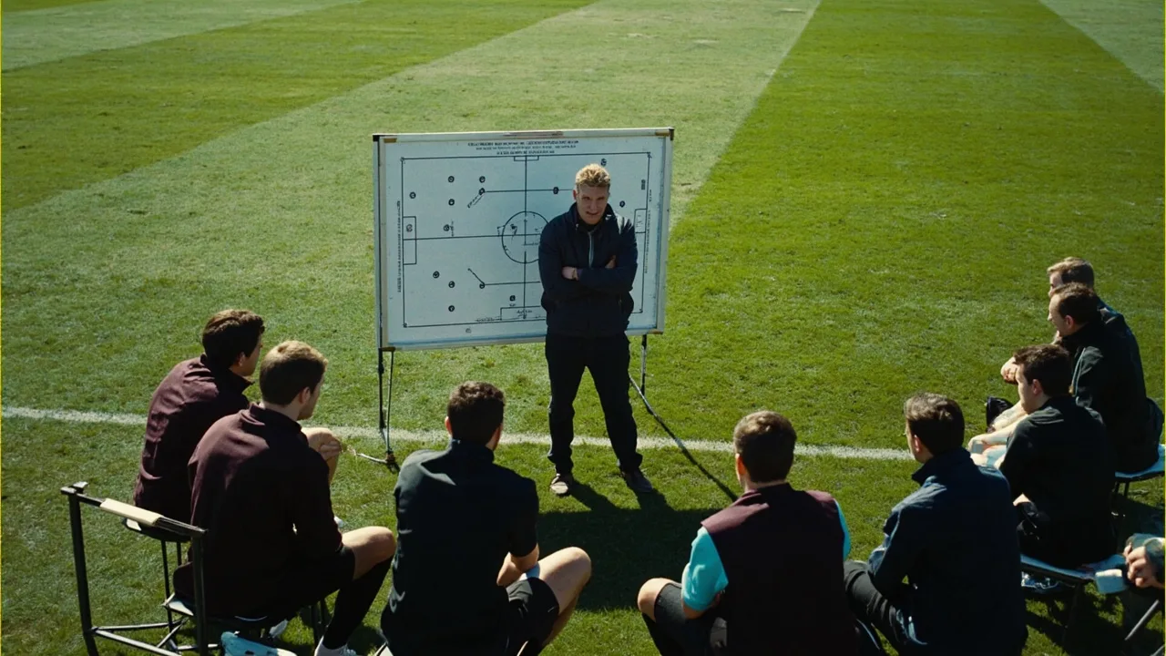 A coach stands in front of a tactical board on a half pitch in daylight, players gathered in a tight semicircle during a set piece drill.
