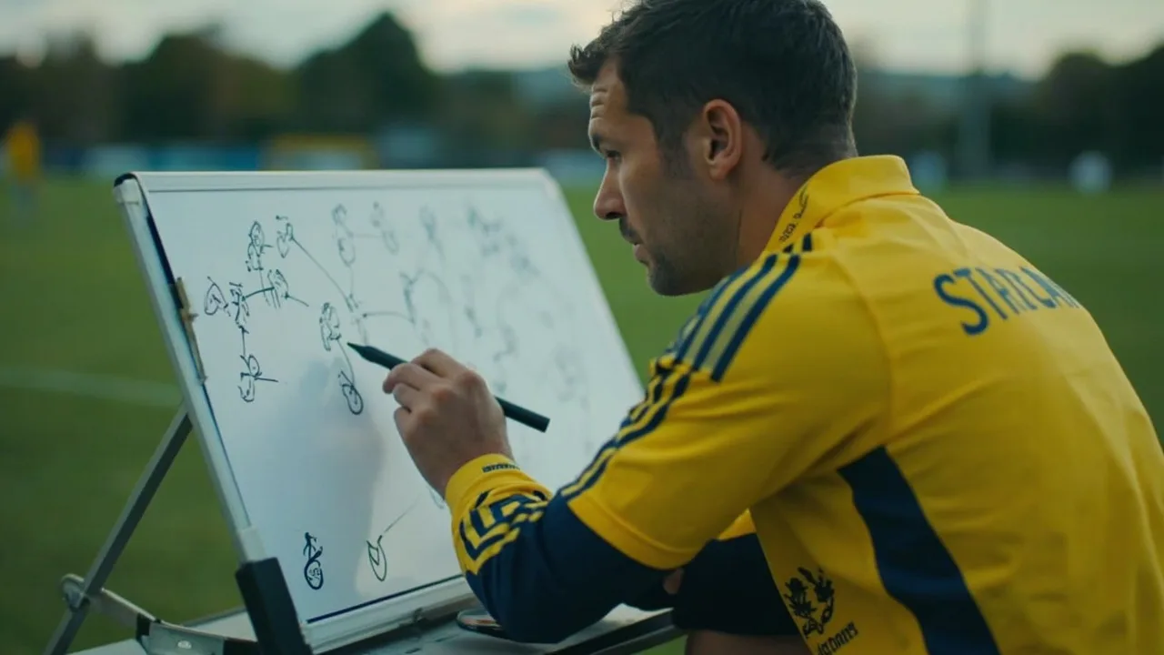 A football coach in Spurs training kit drawing set piece positions on a portable whiteboard on the grass beside a training pitch in overcast English daylight