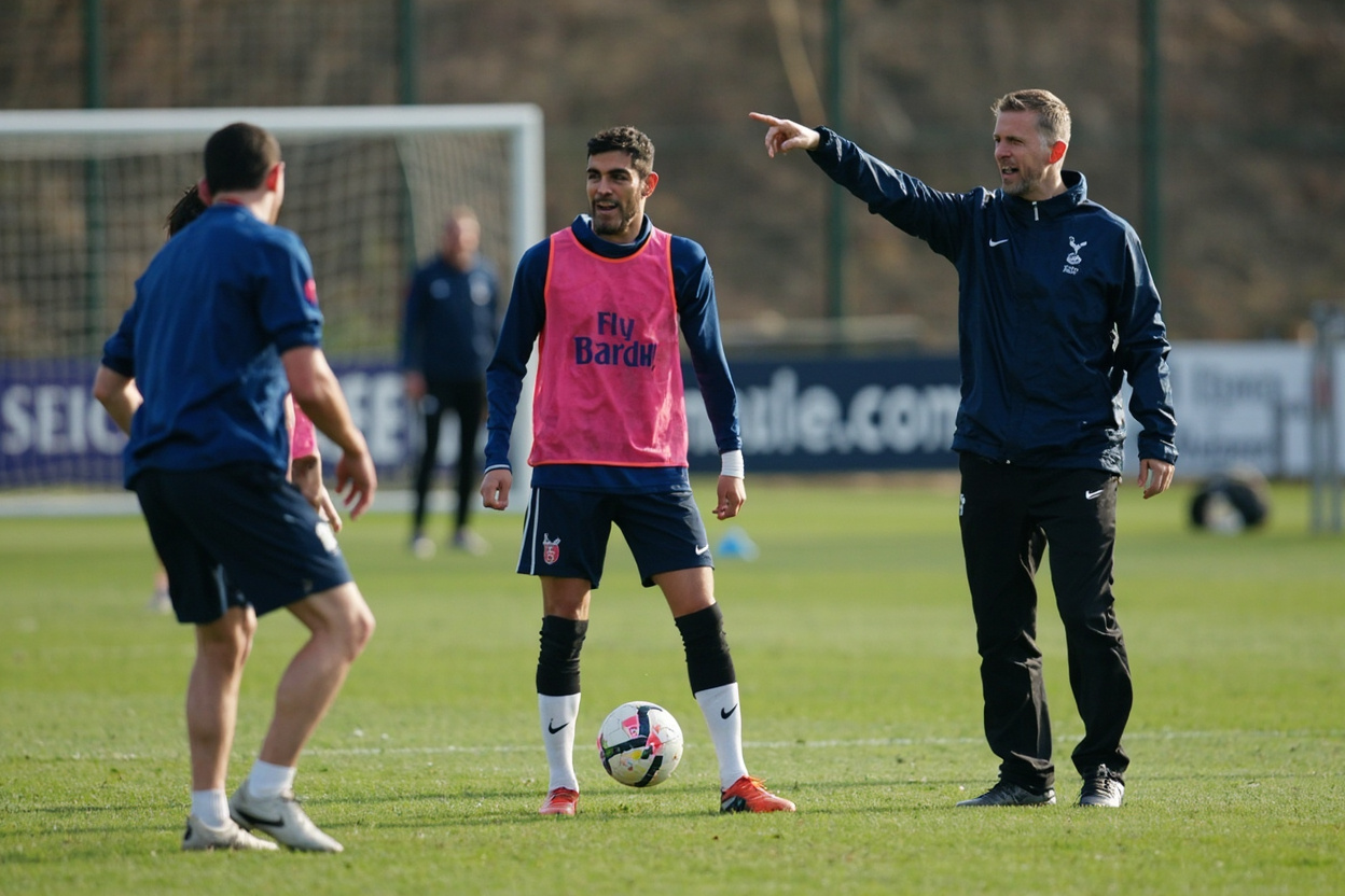 Tottenham Hotspur players rehearsing a defensive corner routine on the training pitch with a coach pointing at the far post area