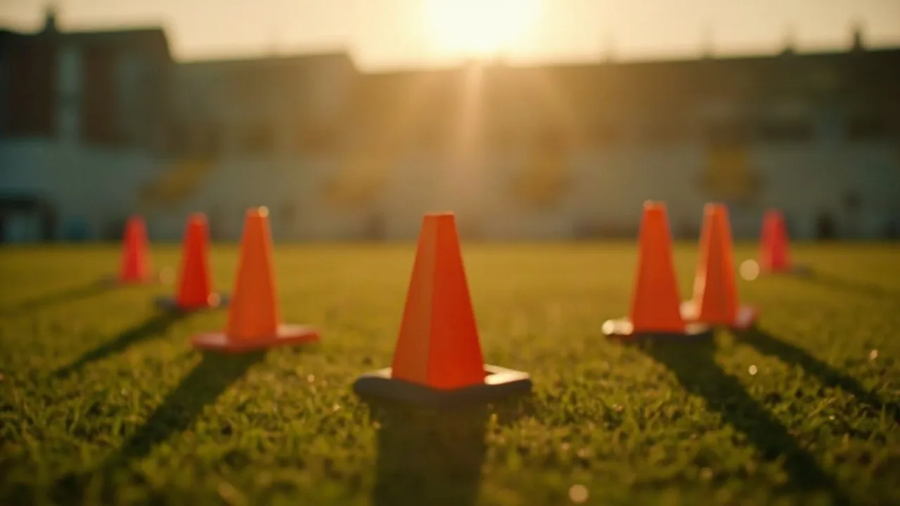 Orange training cones arranged on an empty football pitch at dawn.