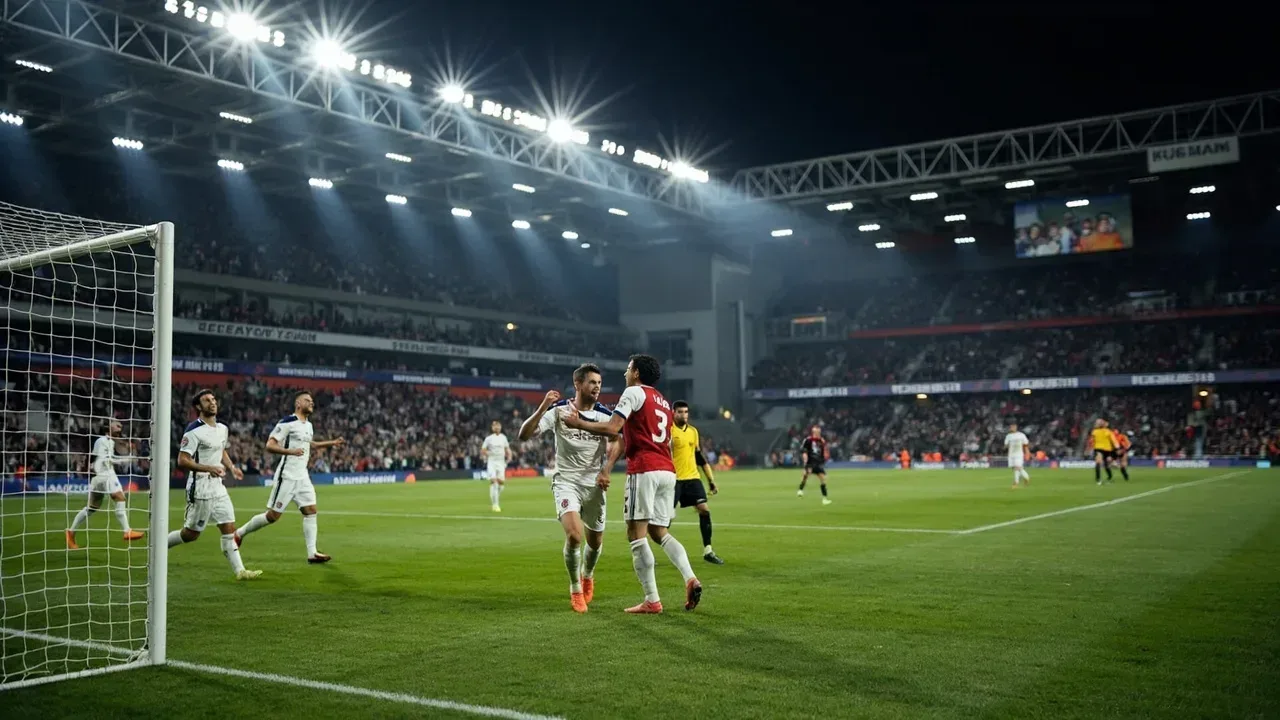 Tottenham Hotspur Stadium at night with players celebrating a third man run goal under floodlights