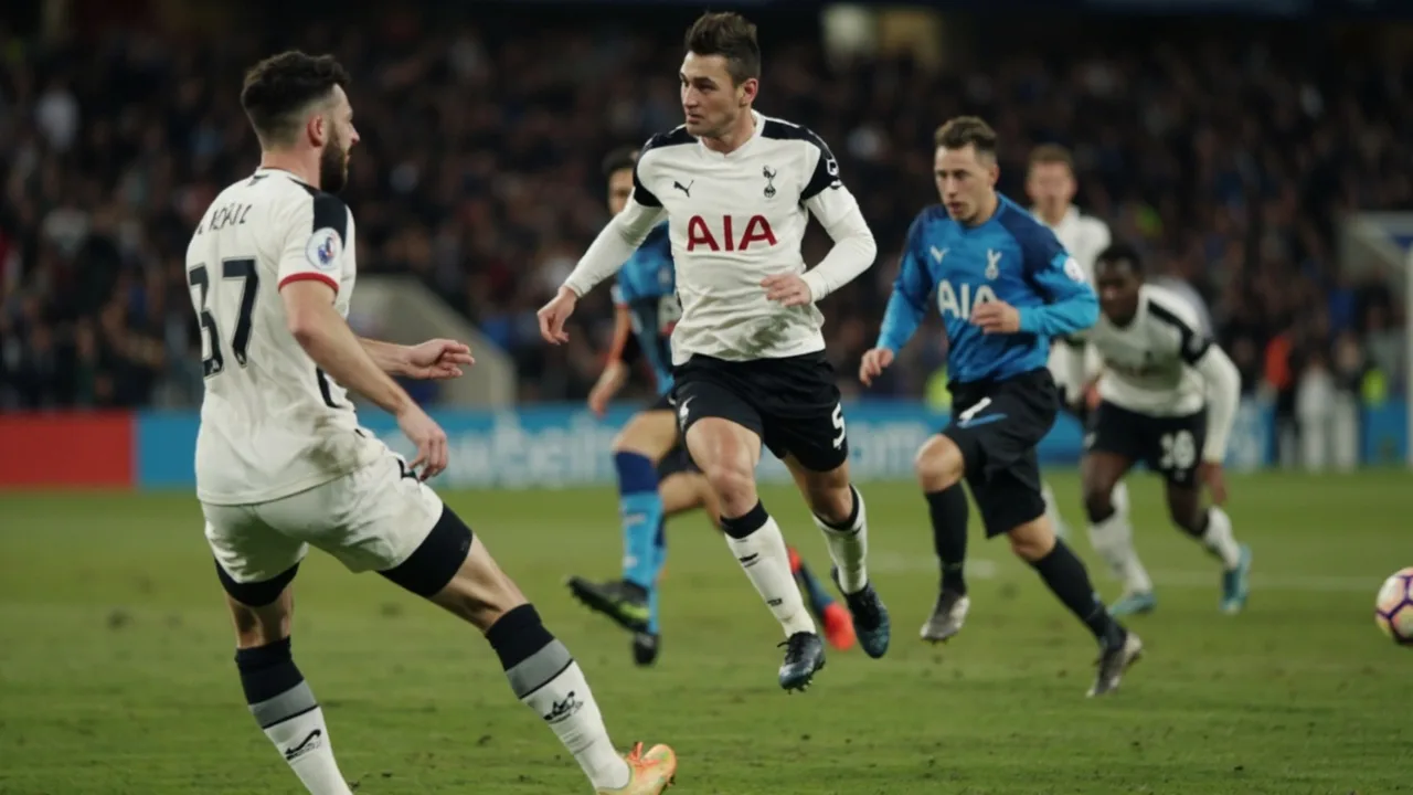Spurs players in white shirts combining near the touchline during a Premier League match at the Tottenham Hotspur Stadium in afternoon daylight