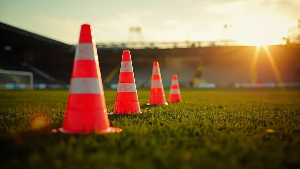 Orange training cones arranged on an empty football pitch at dawn.
