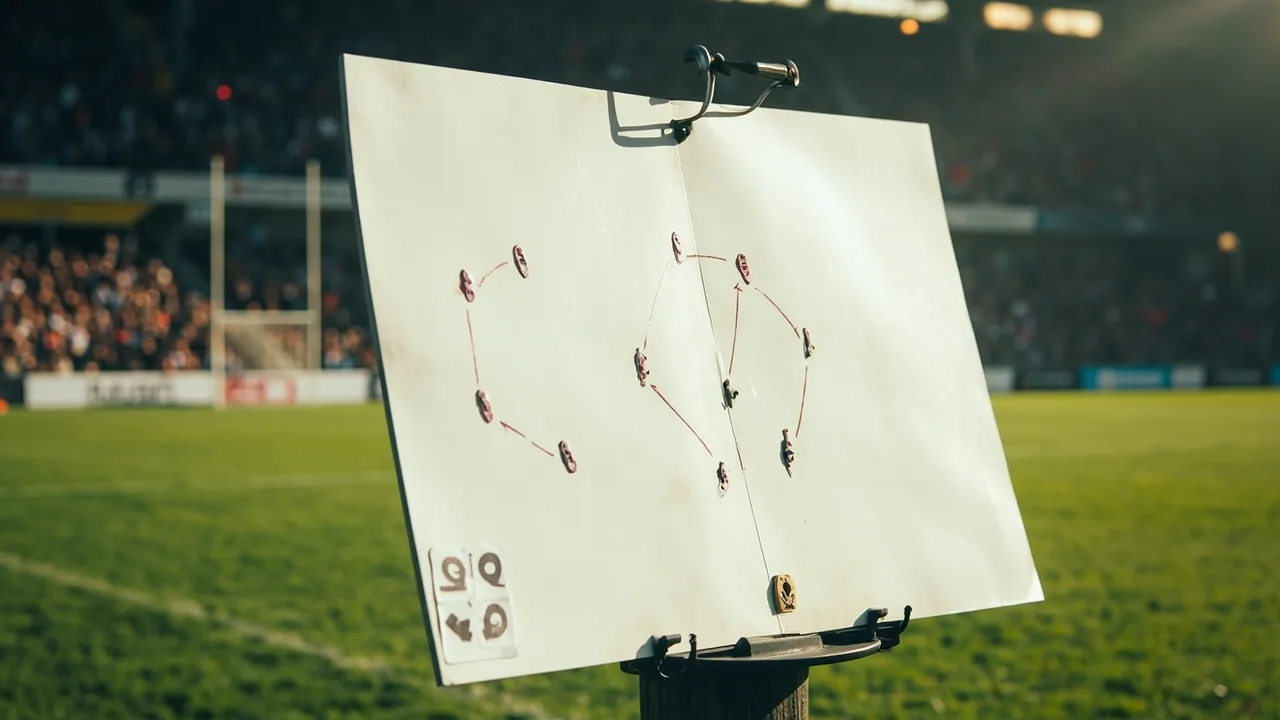 White tactics board on a touchline with arrows showing a third man pattern in daylight
